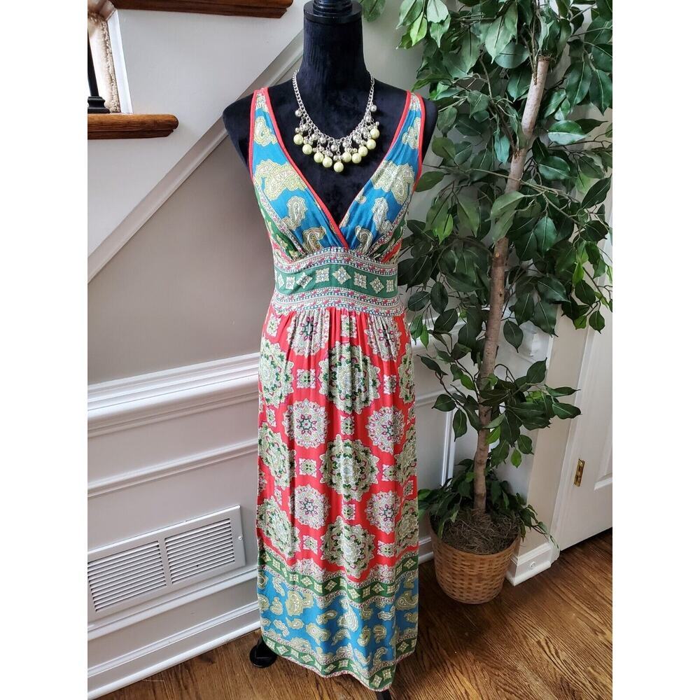 Angle Women's Multicolor Rayon V-Neck Sleeveless Casual Long Maxi Dress Size S